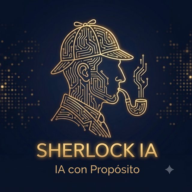 Logo de Sherlock IA: perfil de Sherlock Holmes dibujado con circuitos dorados, con el lema IA con Propósito